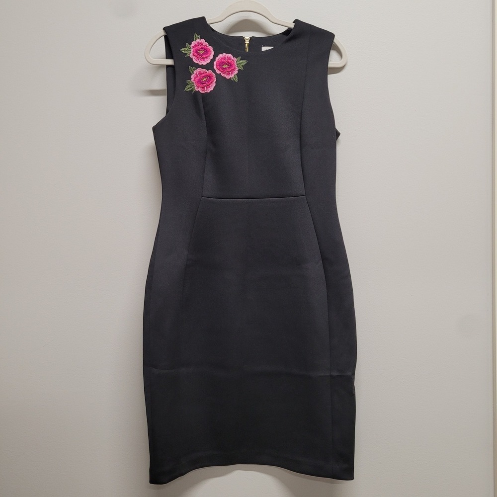 Calvin Klein Womens Black Embroidered Floral Scuba Sheath Dress Size 10 CD8X1B5L
